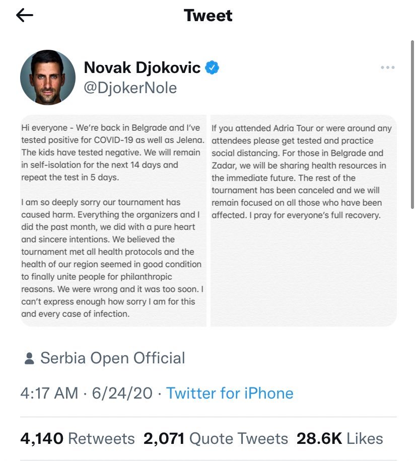 Djokovic test positive for coronavirus; Apologizes for holding the event